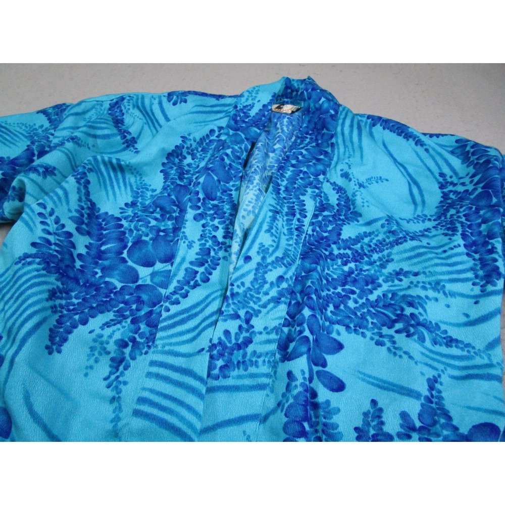 Otaheite Maui Vintage Blue Tropical Floral Kimono Robe Wrap Top Short Hawaiian - Picture 2 of 10